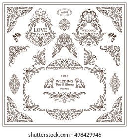 Vector set of vintage elements for design. Ornamental frames, borders, dividers, banners, monogram, corners, square, round template for logo. Vine and flower vignette. Different element in every set