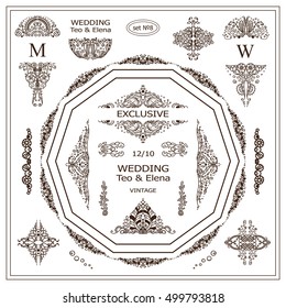 Vector set of vintage elements for design. Ornamental frames, borders, dividers, banners, arrows, monogram, corners, square, logo. Undersea, ocean, seaweed patterns. Different elements in each set