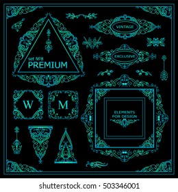 Vector set of vintage elements for design. Ornamental frames, borders, dividers, banners, arrows, monogram, corners, square, template for logo. Green-blue colors. New element in every set