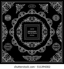 Vector set of vintage elements for design. Ornamental frames, borders, dividers, banners, monogram, corners, square, round template for logo. Vine and flower vignette. Black and white chalkboard style