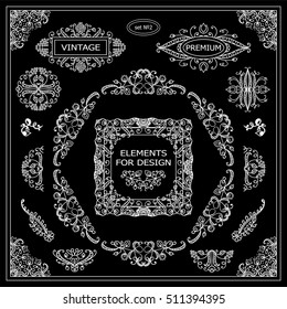 Vector set of vintage elements for design. Ornamental frames, borders, dividers, banners, monogram, corners, square, round template for logo. Vine and flower vignette. Black and white chalkboard style