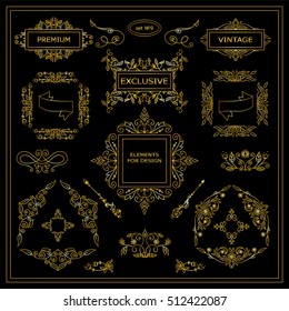 Vector set of vintage elements for design. Ornamental frames, borders, dividers, banners, arrows, monogram, corners, square, template for logo. Pear and flower vignette. Premium gold style