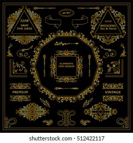 Vector set of vintage elements for design. Ornamental frames, borders, dividers, banners, arrows, monogram, corners, square, template for logo. Pear and flower vignette. Premium gold style