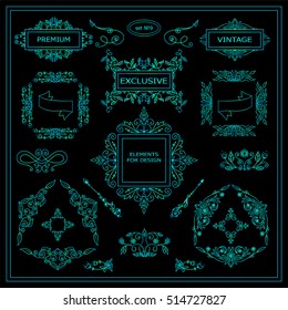 Vector set of vintage elements for design. Ornamental frames, borders, dividers, banners, arrows, monogram, corners, square, template for logo. Pear and flower vignette. Blue-green watercolor style