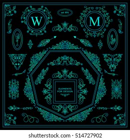Vector set of vintage elements for design. Ornamental frames, borders, dividers, banners, arrows, monogram, corners, square, template for logo. Pear and flower vignette. Blue-green watercolor style