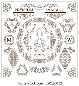 Vector set of vintage elements for design. Ornamental frames, borders, dividers, banners, arrows, monogram, corners, square, template for logo. Pear and flower vignette. Different element in every set