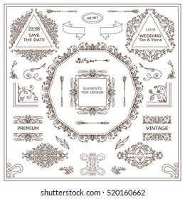 Vector set of vintage elements for design. Ornamental frames, borders, dividers, banners, arrows, monogram, corners, square, template for logo. Pear and flower vignette. Different element in every set