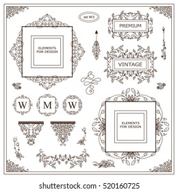 Vector set of vintage elements for design. Ornamental frames, borders, dividers, banners, arrows, monogram, corners, square, template for logo. Pear and flower vignette. Different element in every set