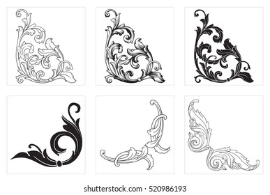 Vector set of vintage elements for design. Ornamental corners in baroque style.