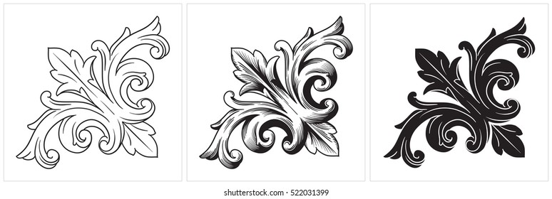 Vector set of vintage elements for design. Ornamental corners in baroque style.