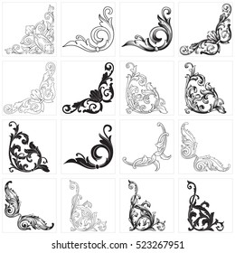 Vector set of vintage elements for design. Ornamental corners in baroque style.