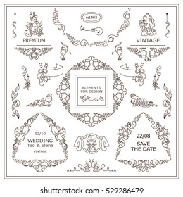 Vector set of vintage elements for design. Ornamental frames, borders, banners, monogram, corners, square, round template for logo. Bottles of wine, grapes vignette. Different element in every set 