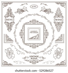 Vector set of vintage elements for design. Ornamental frames, borders, banners, monogram, corners, square, round template for logo. Bottles of wine, grapes vignette. Different element in every set 