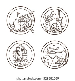 Vector set of vintage elements for design. Round labels, tags or stickers with illustrations of grapes, bottles of wine, glasses, candles compositions and wave vine. Hand drawn sketch collection 