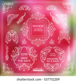 Vector set of vintage elements for design. Ornamental frames, borders, dividers, banners, monogram, corners, square, round template for logo. Vine and flower vignette. Photo decor elements 