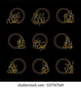 Vector set of vintage elements for design. Round labels, tags or stickers with illustrations of grapes, bottles of wine, glasses compositions and wave vine. Hand drawn sketch, premium gold style 