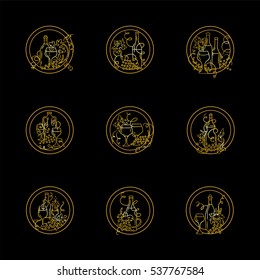 Vector set of vintage elements for design. Round labels, tags or stickers with illustrations of grapes, bottles of wine, glasses compositions and wave vine. Hand drawn sketch, premium gold style 