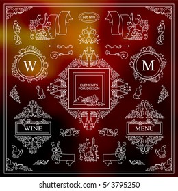 Vector set of vintage elements for design. Ornamental frames, borders, banners, monogram, corners, square, round template for logo. Bottles of wine, grapes vignette. White line on photo background 
