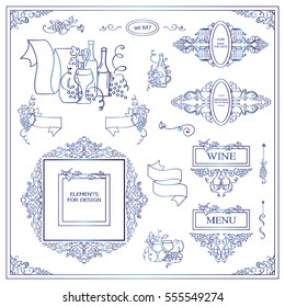 Vector set of vintage elements for design. Ornamental frames, borders, banners, monogram, corners, square, round template for logo. Bottles of wine, grapes vignette. Blue watercolor style