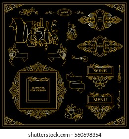 Vector set of vintage elements for design. Ornamental frames, borders, banners, monogram, corners, square, round template for logo. Bottles of wine, grapes vignette. Premium gold style