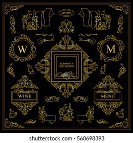 Vector set of vintage elements for design. Ornamental frames, borders, banners, monogram, corners, square, round template for logo. Bottles of wine, grapes vignette. Premium gold style
