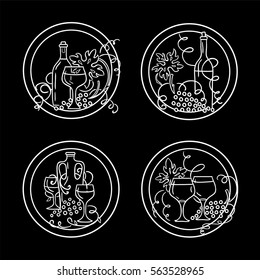 Vector set of vintage elements for design. Round labels, tags or stickers with illustrations of grapes, bottles of wine, glasses compositions and wave vine. Hand drawn sketch, chalkboard style
