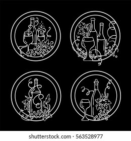 Vector set of vintage elements for design. Round labels, tags or stickers with illustrations of grapes, bottles of wine, glasses compositions and wave vine. Hand drawn sketch, chalkboard style