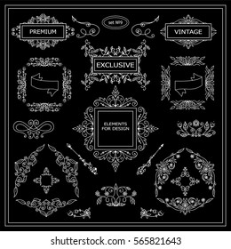Vector set of vintage elements for design. Ornamental frames, borders, dividers, banners, arrows, monogram, corners, square, template for logo. Pear and flower vignette. Black, white chalkboard style