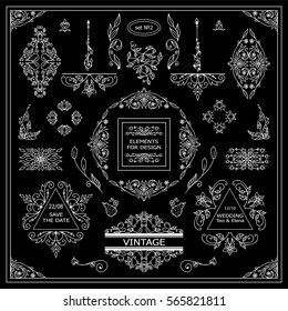 Vector set of vintage elements for design. Ornamental frames, borders, dividers, banners, arrows, monogram, corners, square, template for logo. Pear and flower vignette. Black, white chalkboard style
