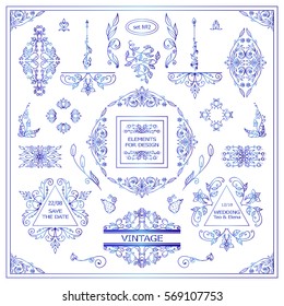 Vector set of vintage elements for design. Ornamental frames, borders, dividers, banners, arrows, monogram, corners, square, template for logo. Pear and flower vignette. Blue watercolor style 