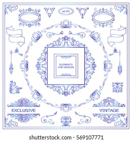 Vector set of vintage elements for design. Ornamental frames, borders, dividers, banners, arrows, monogram, corners, square, template for logo. Pear and flower vignette. Blue watercolor style 