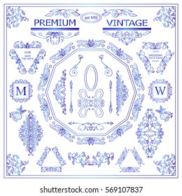 Vector set of vintage elements for design. Ornamental frames, borders, dividers, banners, arrows, monogram, corners, square, template for logo. Pear and flower vignette. Blue watercolor style 