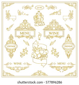 Vector set of vintage elements for design. Ornamental frames, borders, banners, monogram, corners, square, round template for logo. Bottles of wine, grapes vignette. Metal gold color on white