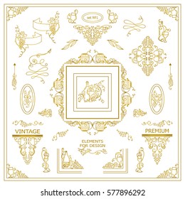 Vector set of vintage elements for design. Ornamental frames, borders, banners, monogram, corners, square, round template for logo. Bottles of wine, grapes vignette. Metal gold color on white