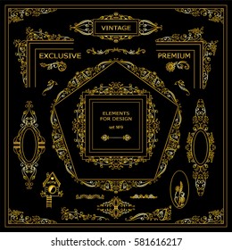 Vector set of vintage elements for design. Ornamental frames, borders, dividers, banners, arrows, monogram, corners, square, template for logo. Premium gold color. New element in every set