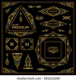 Vector set of vintage elements for design. Ornamental frames, borders, dividers, banners, arrows, monogram, corners, square, template for logo. Premium gold color. New element in every set