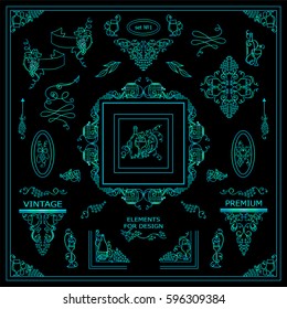 Vector set of vintage elements for design. Ornamental frames, borders, banners, monogram, corners, square, round template for logo. Bottles of wine, grapes vignette. Blue-green watercolor style