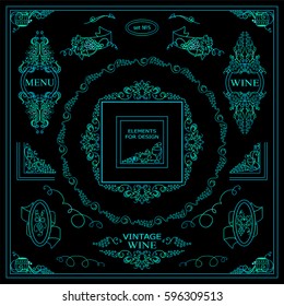 Vector set of vintage elements for design. Ornamental frames, borders, banners, monogram, corners, square, round template for logo. Bottles of wine, grapes vignette. Blue-green watercolor style