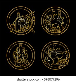 Vector set of vintage elements for design. Round labels, tags or stickers with illustrations of grapes, bottles of wine, glasses compositions and wave vine. Hand drawn sketch, premium gold style 