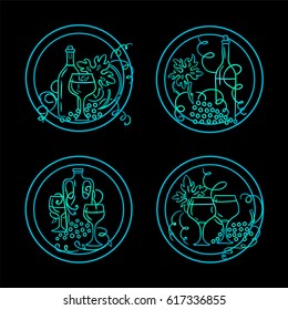 Vector set of vintage elements for design. Round labels, tags or stickers with illustrations of grapes, bottles of wine, glasses compositions and wave vine. Hand drawn sketch, blue-green color