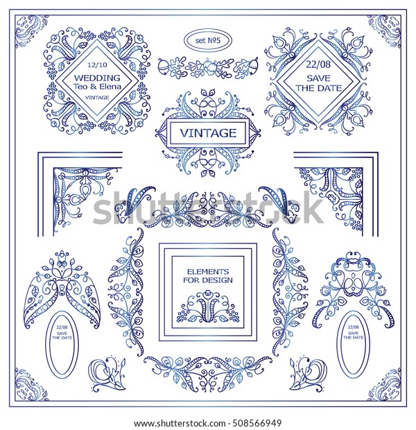 Vector set of vintage elements for design.\
Ornamental frames, borders, dividers, banners, monogram, corners,\
square, round template for logo. Vine and flower vignette. Blue\
watercolors style