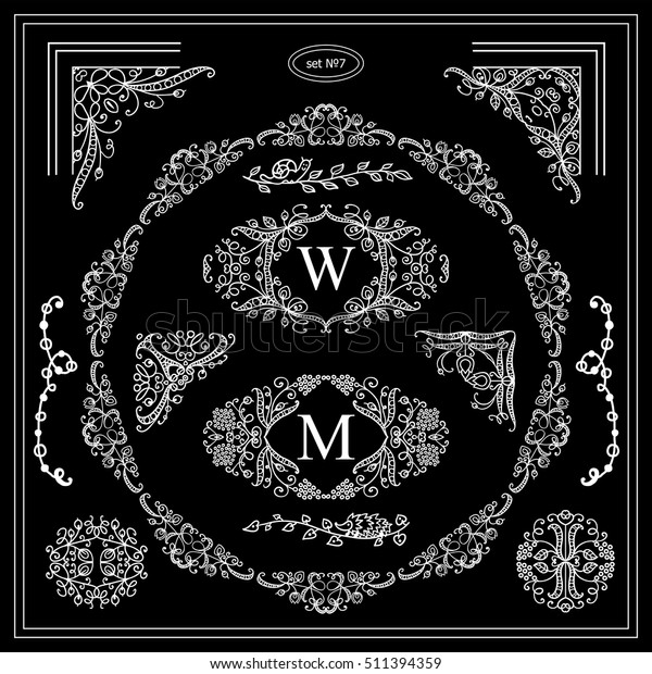 Vector set of vintage elements for design.\
Ornamental frames, borders, dividers, banners, monogram, corners,\
square, round template for logo. Vine and flower vignette. Black\
and white chalkboard\
style