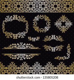 Vector set of vintage elements and frames in gold