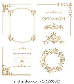 Vector Set Of Vintage Elements. Frames, Dividers For Your Design. Golden Components In Royal Style. Elements For Design Menus, Websites, Certificates, Boutiques, Salons, Etc.