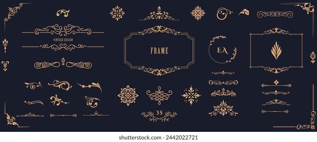 Vector set of vintage elements. Frames, dividers for your design. Golden Components in royal style. Elements for design menus, websites, certificates, boutiques, salons, etc.