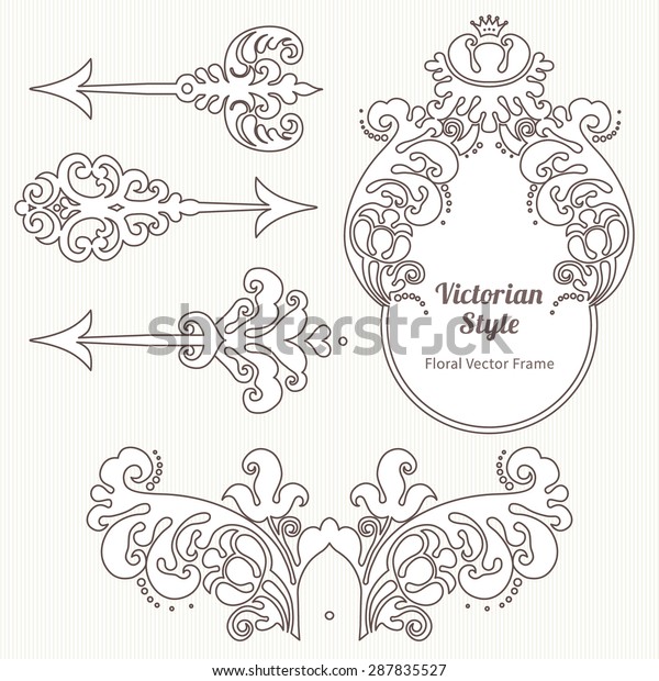 Vector set of vintage elements in Victorian style.\
Outline arrows, vignette and frame. Ornate decor for design.\
Ornamental patterns for invitations, birthday and greeting cards.\
Traditional decor.