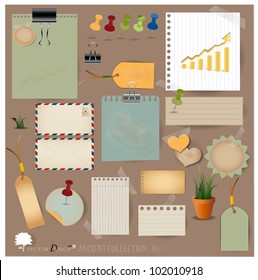 Vector set: Vintage envelope, stamp, card, paper clip, office pins and blank paper designs.