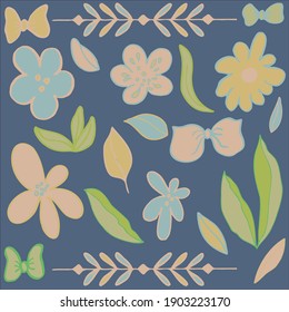 vector set of vintage faded flowers on blue background