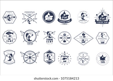 Vector set of vintage fishing camp logo or tournament emblem templates. Original monochrome labels with fishes and fish-rods. Active recreation