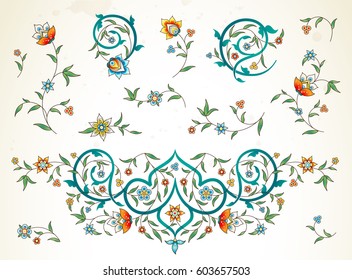 Vector con decoración floral vintage, viñetas ornamentadas para la plantilla de diseño. Elementos de estilo oriental. Lujosa ilustración floral. Decoración ornamental para tarjetas de felicitación, guardar la fecha, invitación, web.